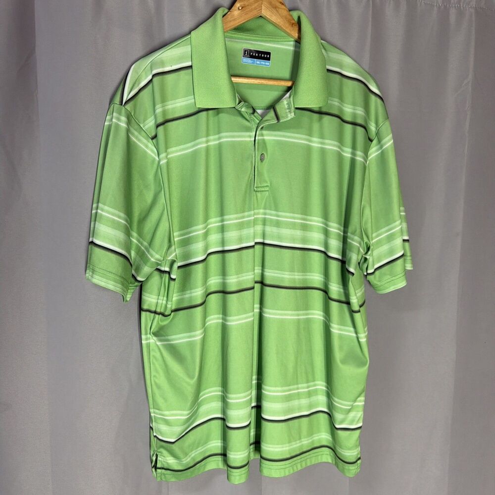 PGA Tour Golf Shirt Men's Polo Green Black Stripes Short Sleeve Sports Size 2XL